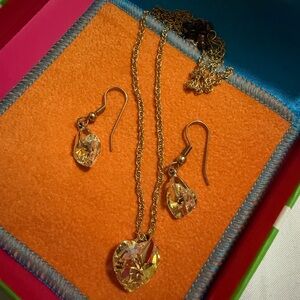 Gold Heart Crystal Necklace & Earring Set - Yellow Gold Tone